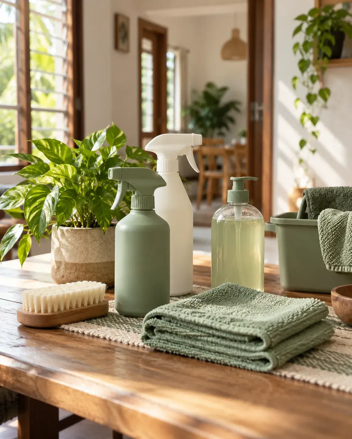 Eco-friendly cleaning supplies and folded cloths on a wooden table in a Kerala home